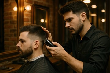 Side view of a barber styling a male client’s hair in a trendy barbershop with vintage decor and warm lighting. Perfect for grooming ads, fashion branding, and International Men's Day campaigns.