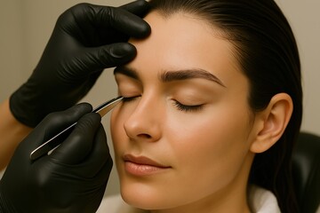 Close-up of eyebrow shaping procedure on a client’s face in a beauty salon. Ideal for grooming ads, brow care branding, makeup tutorials, and International Brow Day campaigns.