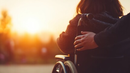 A person in a wheelchair is gently pushed by another during sunset, bathed in warm sunlight,