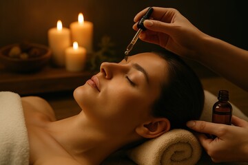 Front view of a cosmetologist applying serum to a client’s face in a beauty clinic. Ideal for skincare ads, wellness branding, spa promotions, and International Aesthetic Medicine Day visuals.