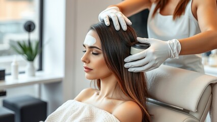 Hair mask application in a beauty salon, highlighting professional care and nourishment. Ideal for haircare ads, wellness branding, salon promotions, and International Hair Day campaigns.