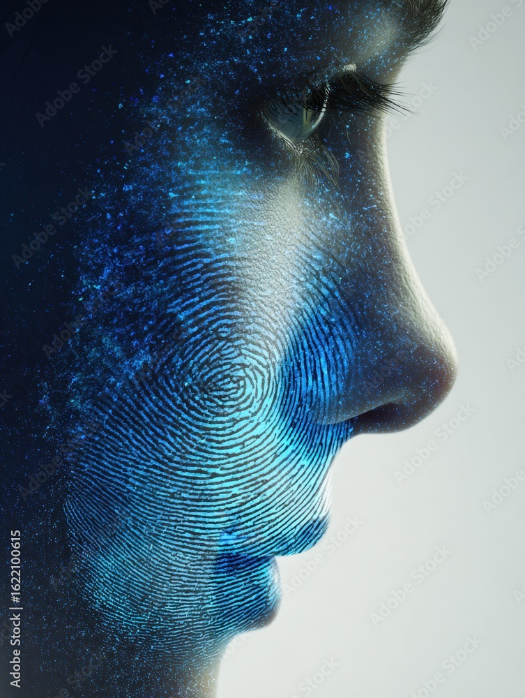 Poster digital fingerprint combines with skin identity on a cheek, showcasing the intersection of technolog