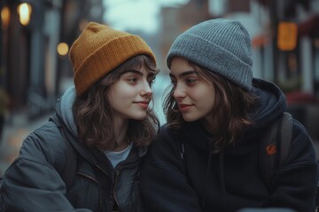 Gen Z friends sitting together outdoors in the city, providing emotional support to each other while sharing a comforting moment of friendship, Generative AI