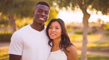 Fototapeta premium A couple standing close together in a park at sunset, smiling at the camera, wearing casual white outfits,