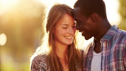 Obraz premium A young couple shares a romantic embrace, smiling with eyes closed,