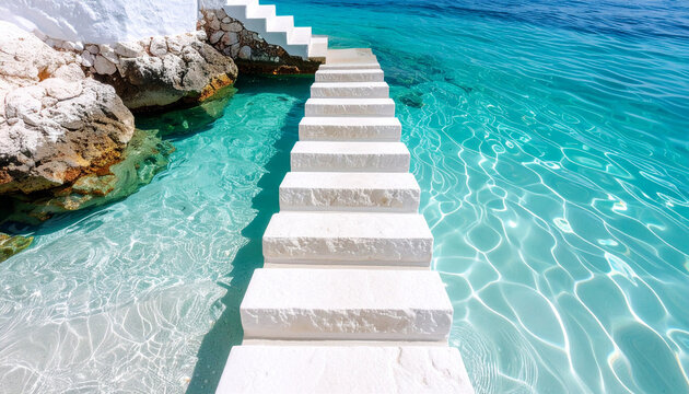 White stone stairs descend into clear turquoise sea water near rocky shore, creating serene and inviting coastal scene with bright sunlight reflecting on shallow water surface