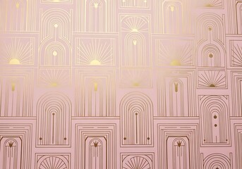 Elegant art deco style wallpaper featuring geometric patterns and golden accents on a pink
