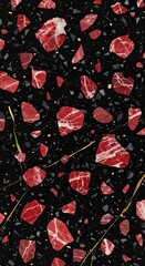 Elegant black terrazzo surface with embedded fragments of red and white marble