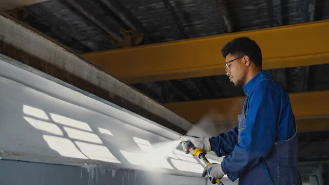 Focused factory worker African American man male using a high-pressure sandblasting machine to clean metal indoors, industrial craftsmanship, precision, labor safety, surface treatment process