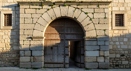 Discover history through this ancient stone gateway with rustic wooden doors bathed in warm sunlight