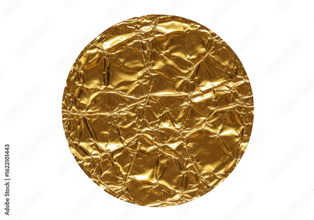 Poster a crumpled circle of shiny gold foil with a textured surface is isolated on a transparent background
