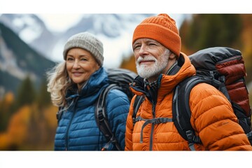 Portrait of an active senior woman hiking with her husband in the autumn mountains, demonstrating the vitality and joy of outdoor adventures in later life, Generative AI