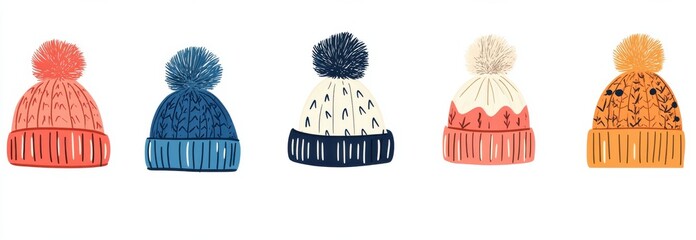 Stylish collection of illustrated winter hats with colorful designs