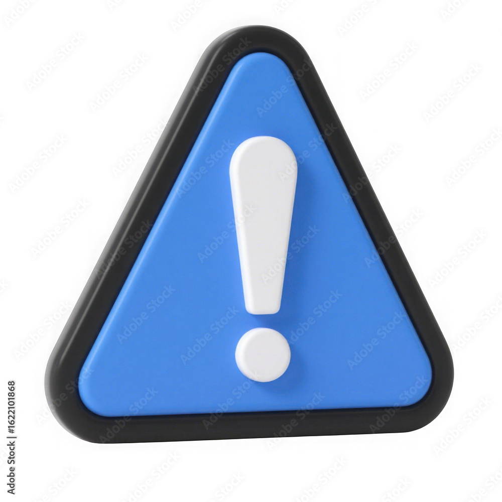 Poster 3d icon of blue warning triangle with an exclamation mark symbol, isolated on transparent background