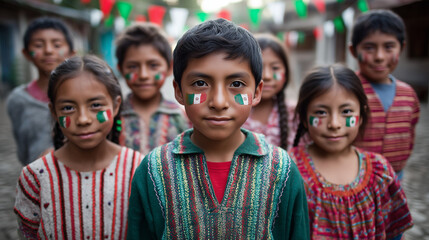 Happy Kids with Mexican Flag Face Paint Celebrate Día de la Independencia de México in a Traditional Community Gathering