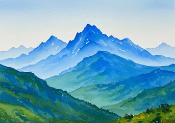 Fototapeta premium Serene Blue Mountains: Watercolor Landscape Painting