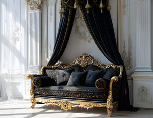 Ornate black and gold sofa with dark blue velvet canopy
