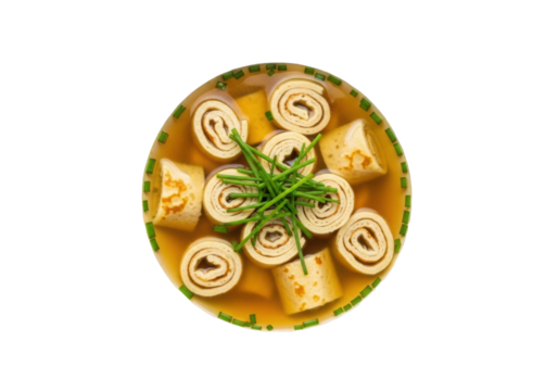 German Flädlesuppe with rolled savory pancakes, clear golden beef broth, fresh chives, white ceramic bowl on a transparent studio background. Concept of traditional German cuisine and culinary