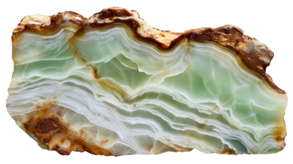 Polished Green Onyx slab, translucent green with white and brown bands, elegant, isolated on Transparent background