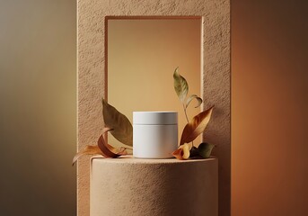 Elegant skincare product presentation on a textured platform with autumn leaves
