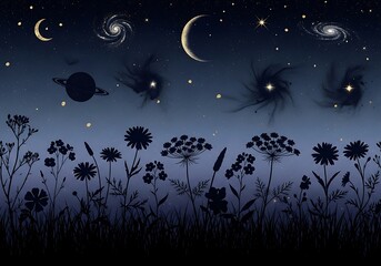 Enchanting floral silhouette against a cosmic night sky with celestial elements