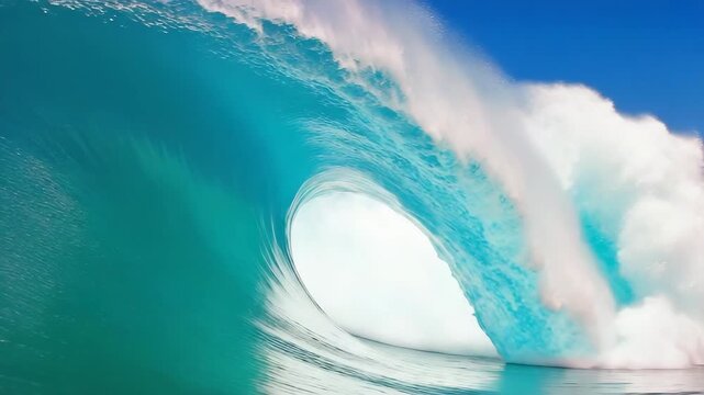 Powerful ocean wave barrels through turquoise water with dramatic white spray under a bright blue sky