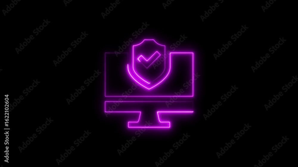 Poster neon illustration of computer screen shield with checkmark symbolizing cybersecurity protection