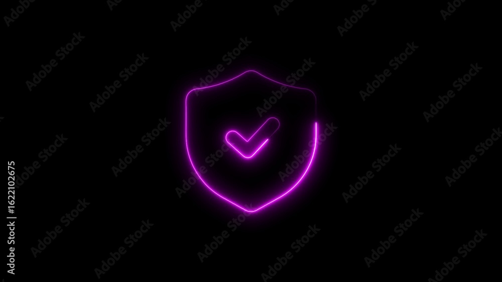 Poster glowing neon shield and checkmark symbolizing security and approved protection on black background