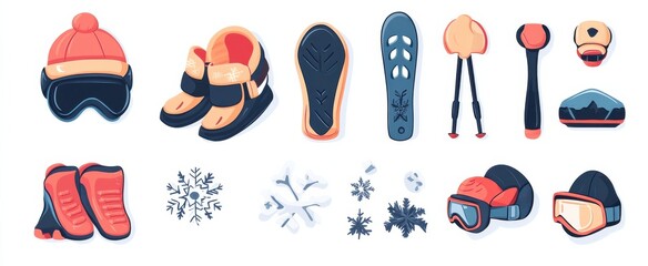 Collection of winter sports gear with skis, poles, and various accessories