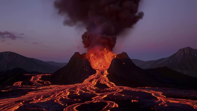 Powerful 3d animation of a volcano erupting with hot lava flows and smoke against a twilight sky
