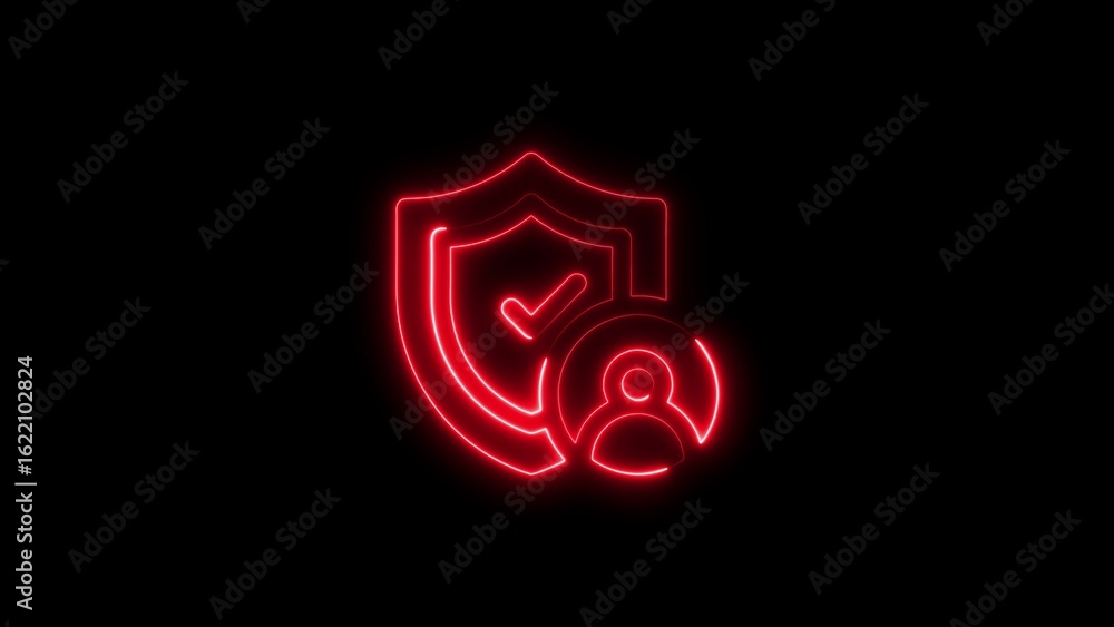 Poster neon red security icon featuring shield checkmark and user symbol on black background