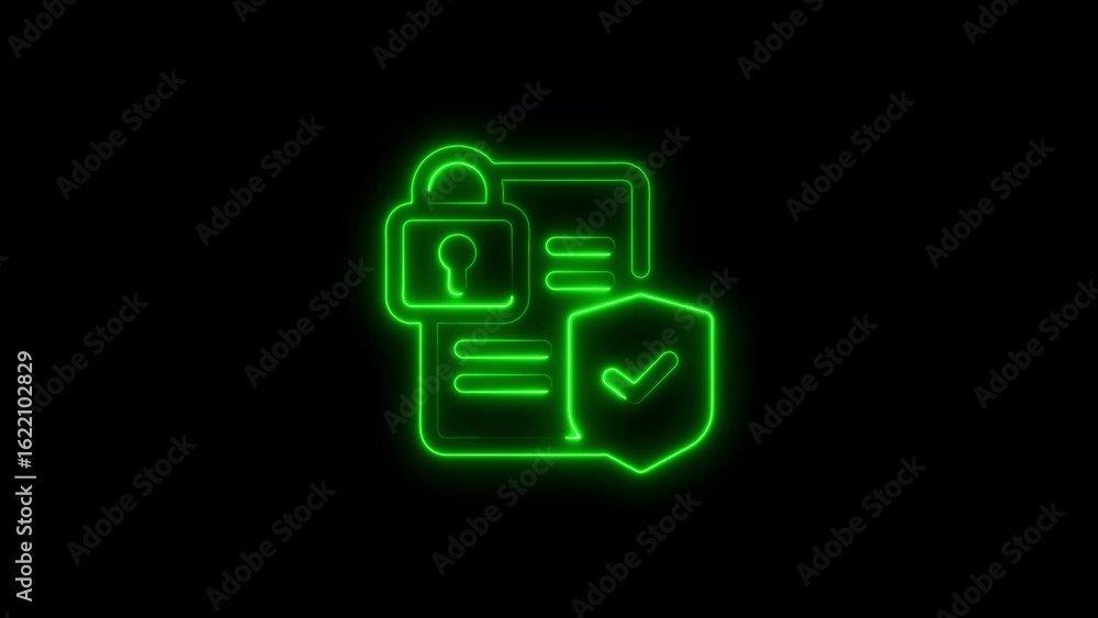 Poster secure documents with green neon glowing padlock shield and checkmark symbol