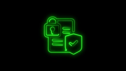 Secure documents with green neon glowing padlock shield and checkmark symbol