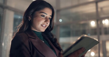 Tablet, contact and businesswoman in office at night for email on stock market analysis. Digital technology, research and financial manager with online investment report for deadline in workplace. - Powered by Adobe