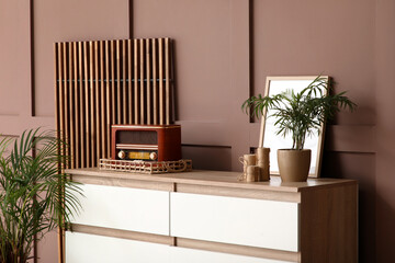 Retro radio receiver, houseplant and photo frame on chest of drawers near brown wall in room, closeup