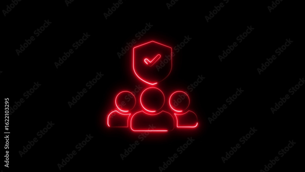 Poster protecting a group of people with a glowing shield with a check mark in red neon