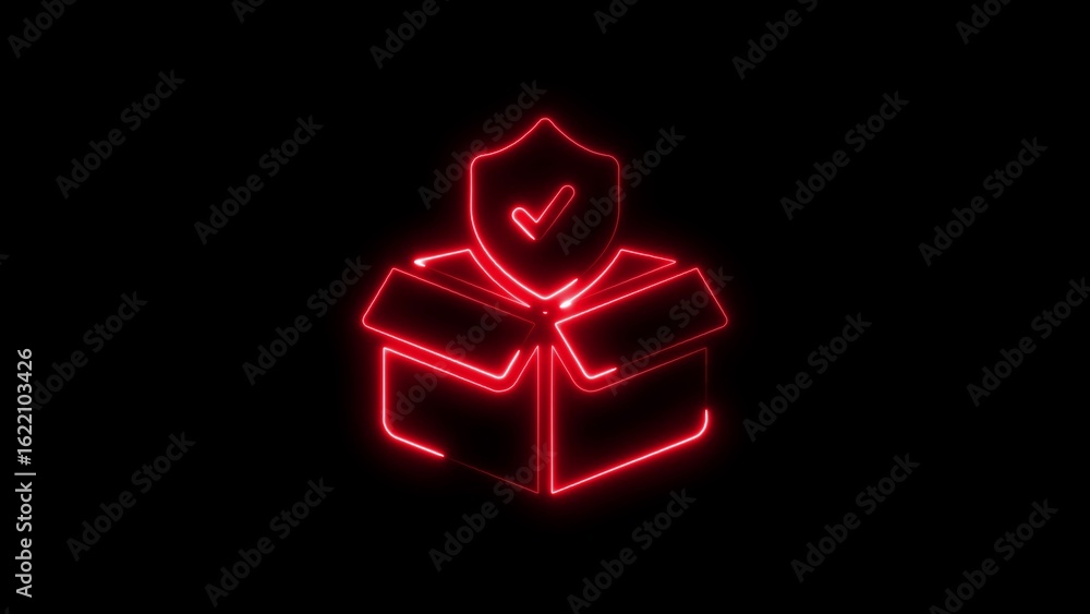 Aufkleber neon illuminated box with shield icon representing delivery package security concept