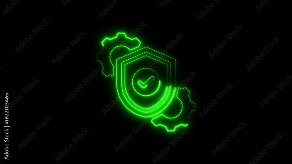 Aufkleber green neon shield with checkmark and cogwheels representing security and settings