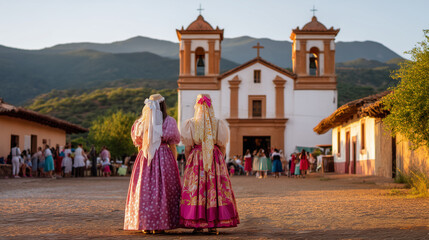 Traditional Mexican Dresses and Festive Celebration Outside Church on Día de la Independencia de México