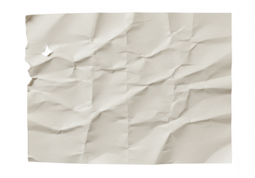 A crumpled beige sheet of paper with visible creases wrinkles and a small torn hole isolated on a transparent background