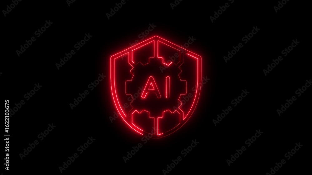 Poster neon ai shield symbol with cogwheel gear concept representing artificial intelligence security
