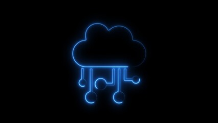 Neon cloud computing icon representing digital transformation and network technology on black background