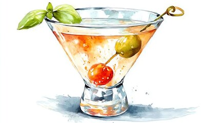 Hand-painted watercolor martini cocktail illustration on transparent background, classic drink design for premium bar menus, luxury packaging, dinner invitations, or upscale advertising, elegant 