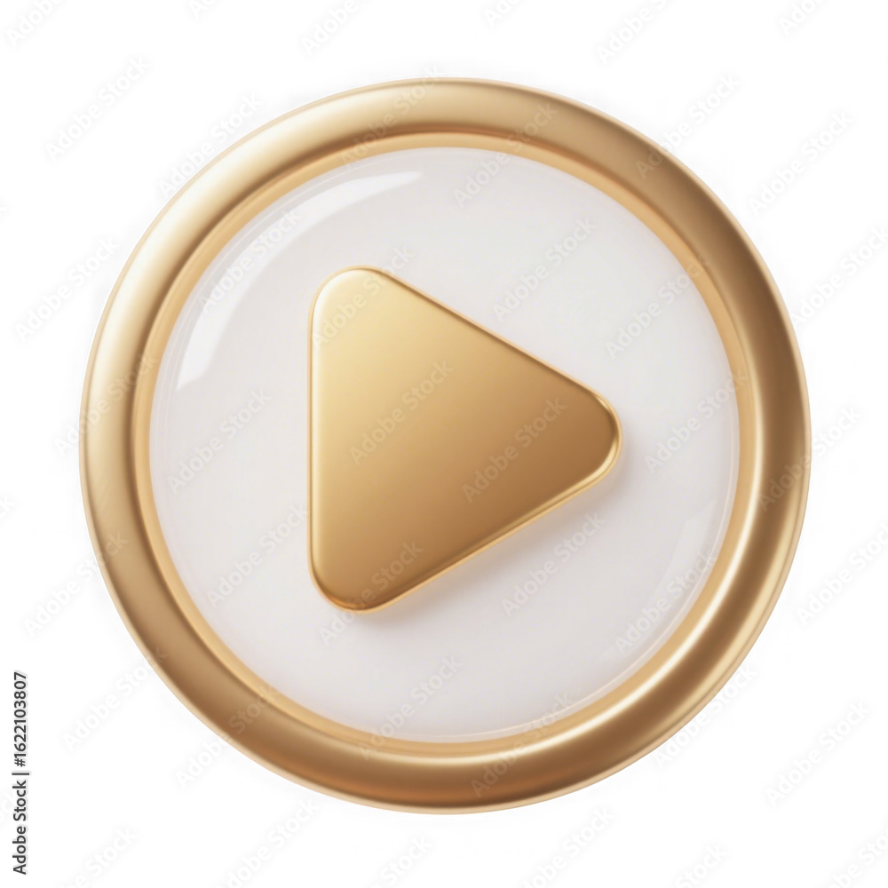 Poster 3d icon of golden play button icon isolated on transparent background, representing media playback, 
