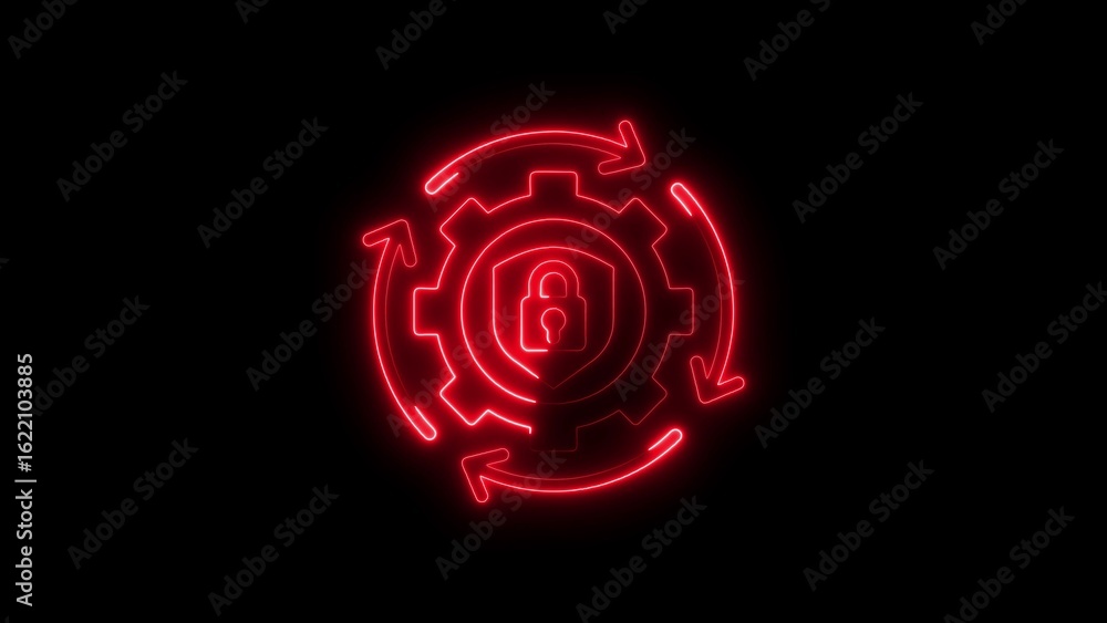 Poster cybersecurity concept illustrating protection and secure processes with neon glowing elements