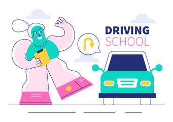 Driving School Vector Illustration Featuring the Educational Process of Car Training and Learning to Drive to Obtain a Drivers License in a Background