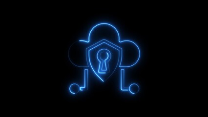 Neon blue cloud computing data security illustration on a dark black background