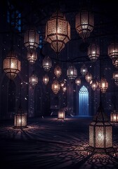 Enchanting Moroccan Lanterns Illuminate a Dark Interior with Intricate Shadow Play