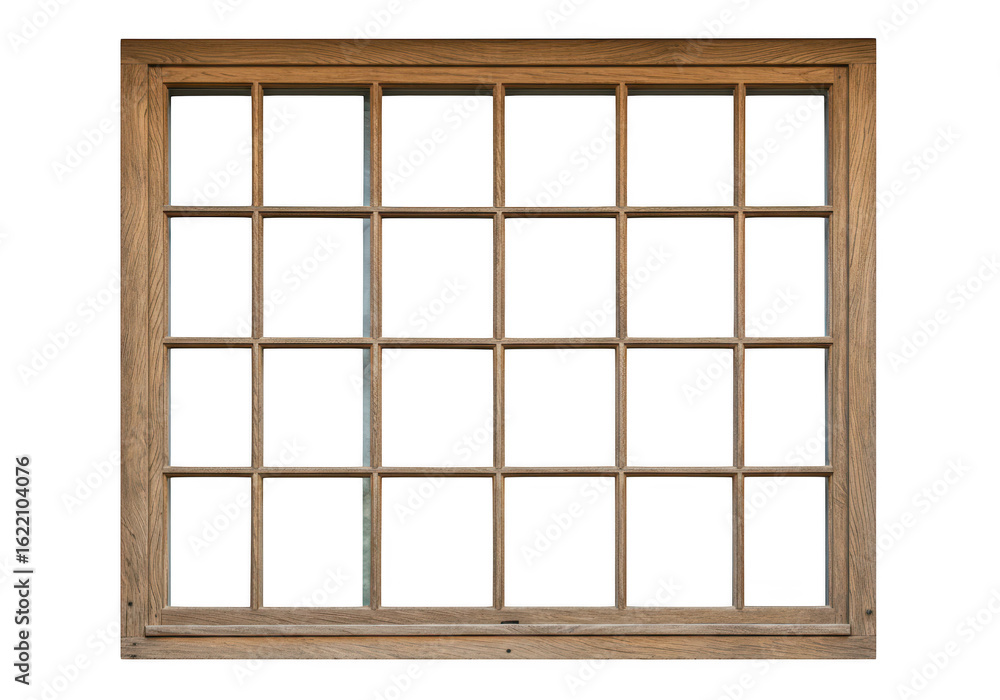 Poster a weathered rustic wooden window frame with multiple panes is shown isolated against a bright transp