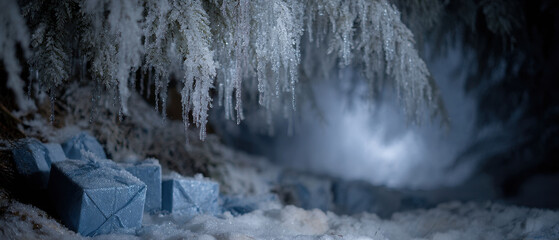 Icicles sparkle in moonlight above hidden gifts in snowy forest